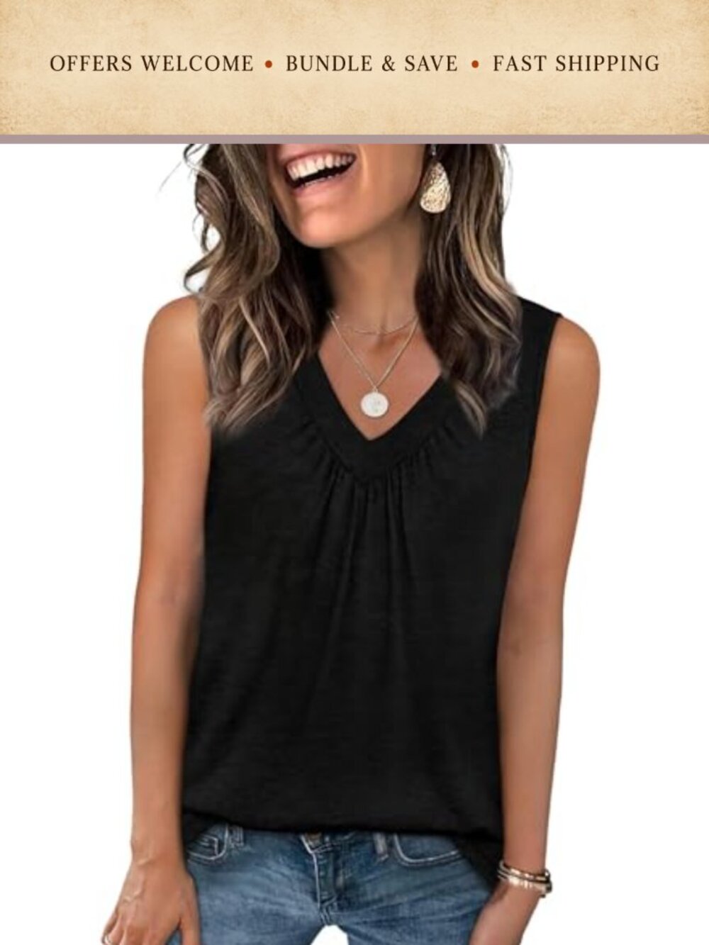 Womens Summer Pleated V Neck Sleeveless Tank Top Loose Fit Casual